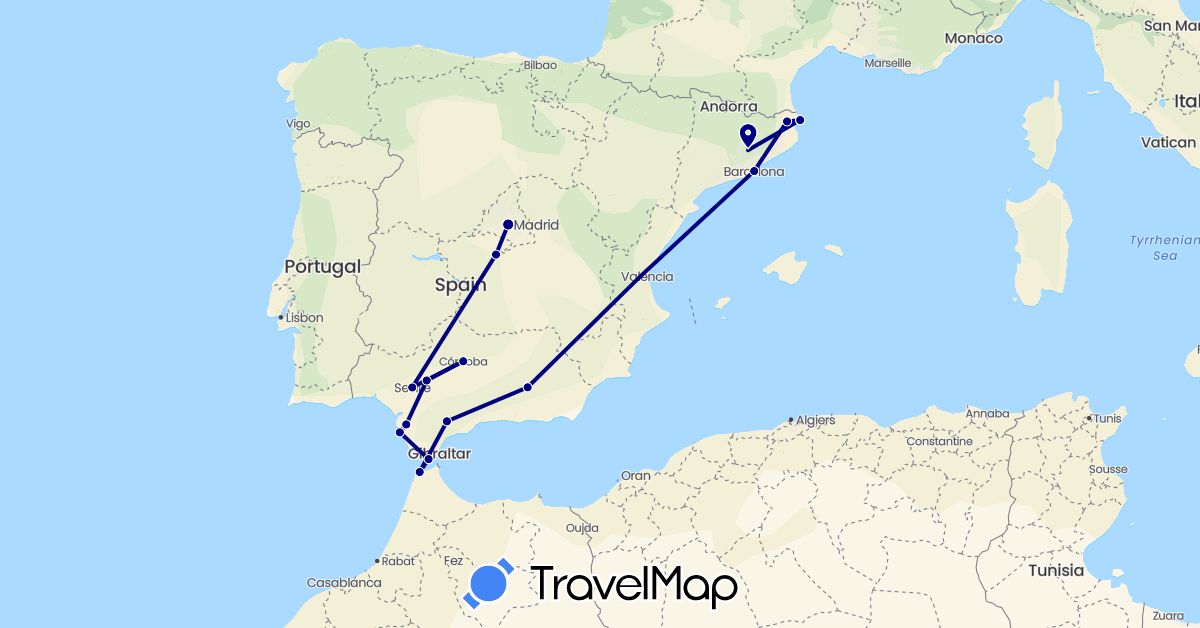 TravelMap itinerary: driving in Spain, Morocco (Africa, Europe)